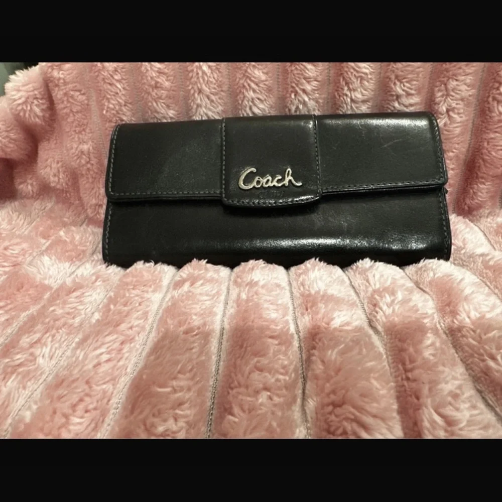 Coach Black Leather Flap Wallet with Script Logo